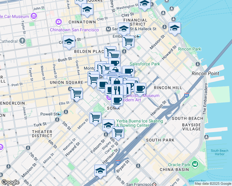 map of restaurants, bars, coffee shops, grocery stores, and more near 140 New Montgomery Street in San Francisco