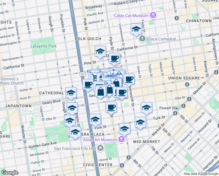 map of restaurants, bars, coffee shops, grocery stores, and more near 920 Larkin Street in San Francisco