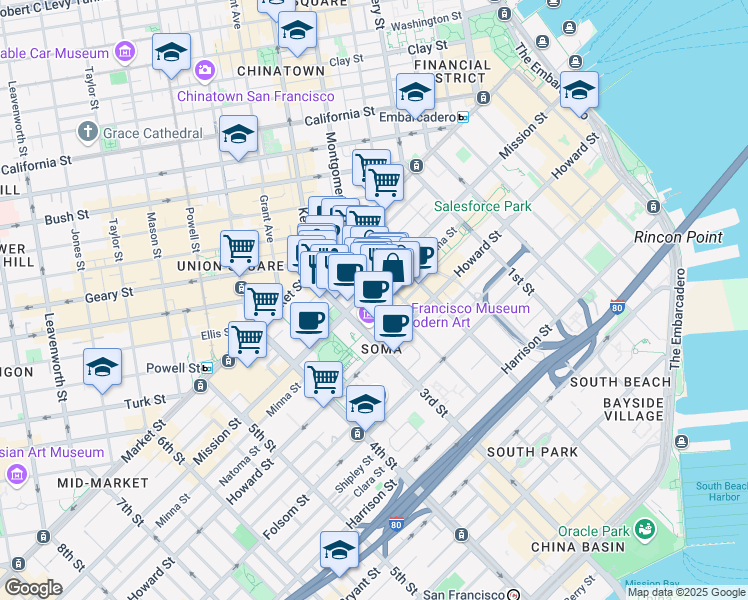 map of restaurants, bars, coffee shops, grocery stores, and more near 657 Mission Street in San Francisco