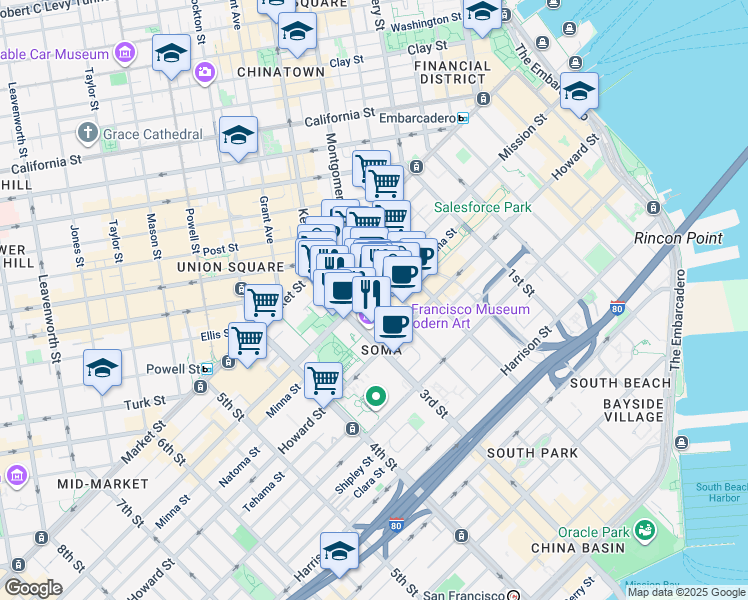 map of restaurants, bars, coffee shops, grocery stores, and more near 657 Mission Street in San Francisco
