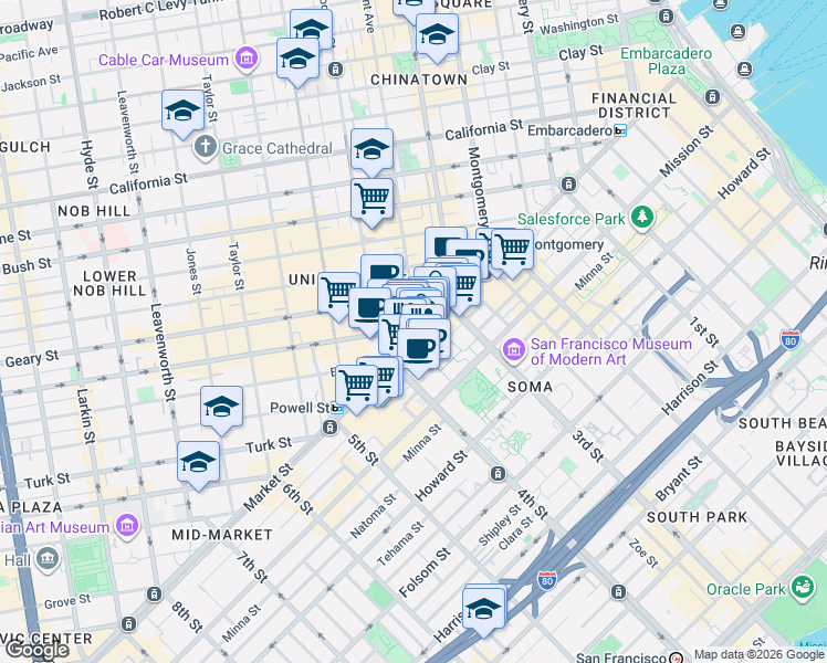 map of restaurants, bars, coffee shops, grocery stores, and more near 27 O'Farrell Street in San Francisco