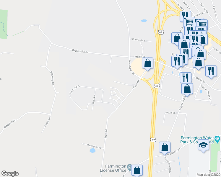 map of restaurants, bars, coffee shops, grocery stores, and more near 432 Shade Tree Lane in Farmington