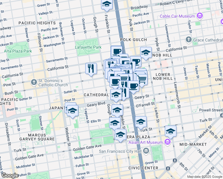 map of restaurants, bars, coffee shops, grocery stores, and more near 1483 Sutter Street in San Francisco