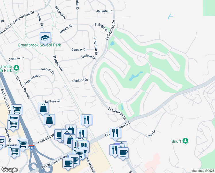 map of restaurants, bars, coffee shops, grocery stores, and more near 1961 Rancho Verde Circle West in Danville