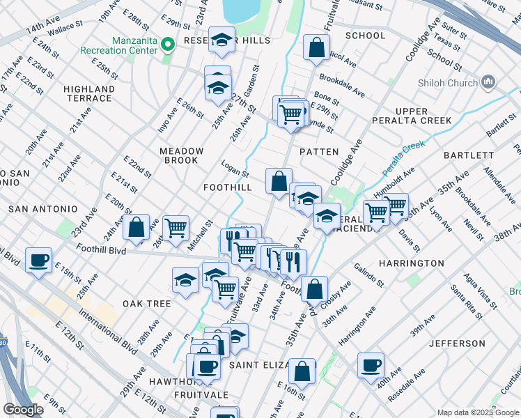 map of restaurants, bars, coffee shops, grocery stores, and more near 3108 Ashbrook Court in Oakland