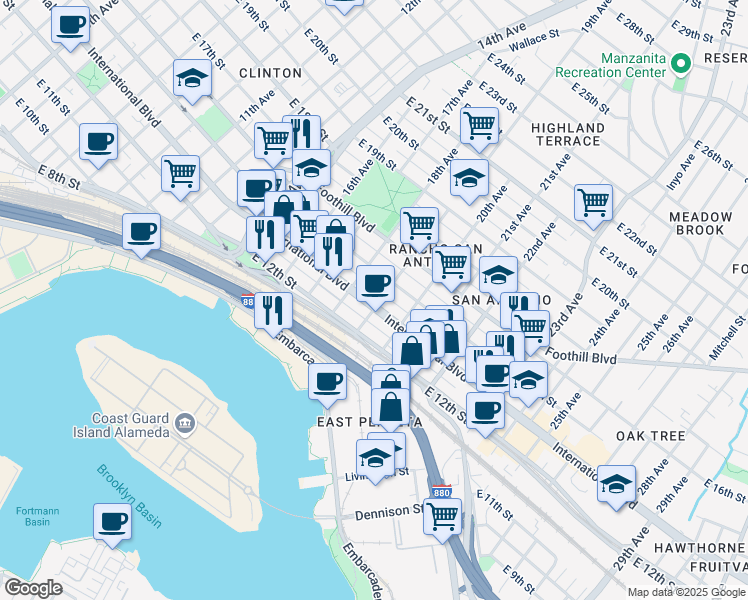 map of restaurants, bars, coffee shops, grocery stores, and more near 1854 International Boulevard in Oakland