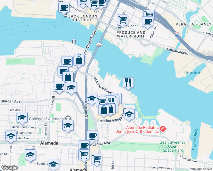 map of restaurants, bars, coffee shops, grocery stores, and more near 1210-1230 Marina Village Parkway in Alameda