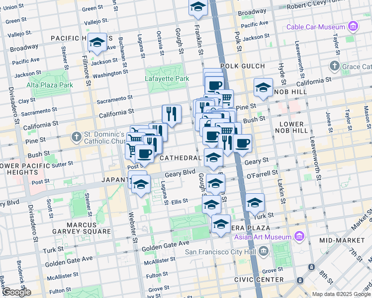 map of restaurants, bars, coffee shops, grocery stores, and more near 1521 Sutter Street in San Francisco