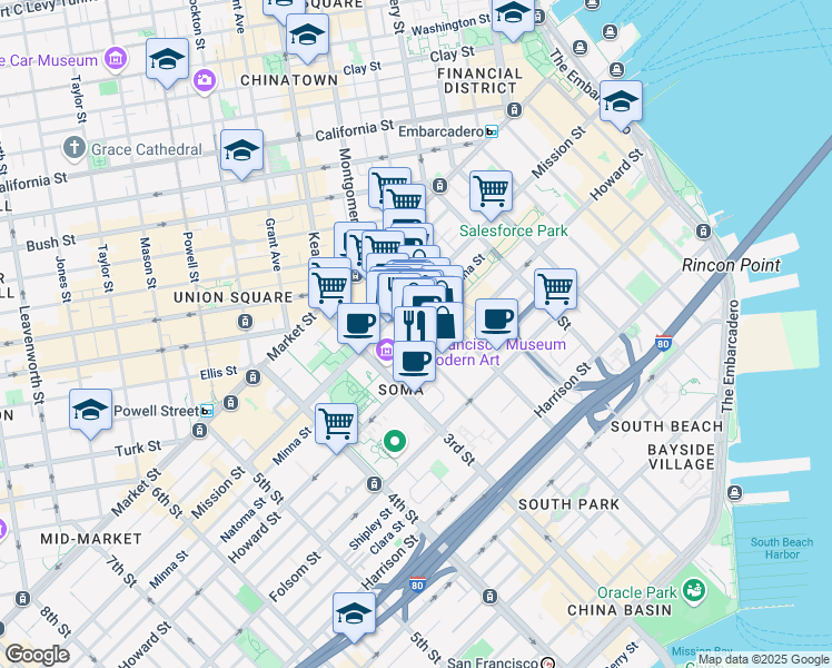 map of restaurants, bars, coffee shops, grocery stores, and more near 140a New Montgomery Street in San Francisco