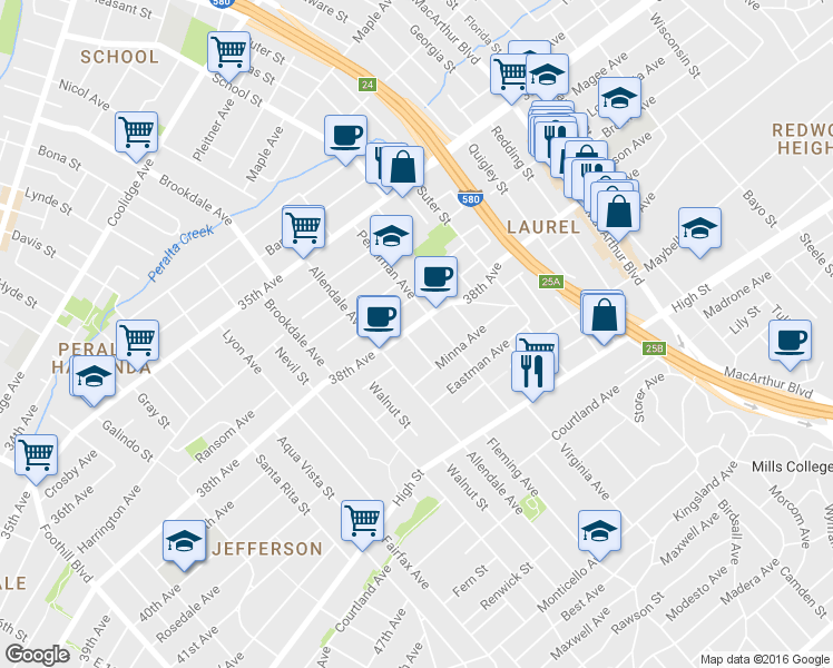 map of restaurants, bars, coffee shops, grocery stores, and more near 2860 38th Avenue in Oakland