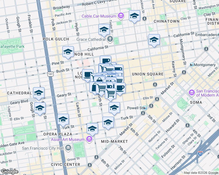map of restaurants, bars, coffee shops, grocery stores, and more near Geary St & Jones St in San Francisco