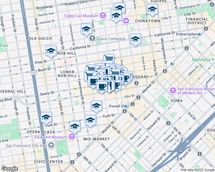 map of restaurants, bars, coffee shops, grocery stores, and more near 301 Mason Street in San Francisco