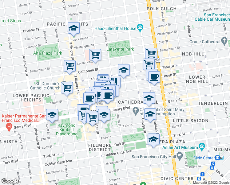 map of restaurants, bars, coffee shops, grocery stores, and more near Laguna St & Sutter St in San Francisco