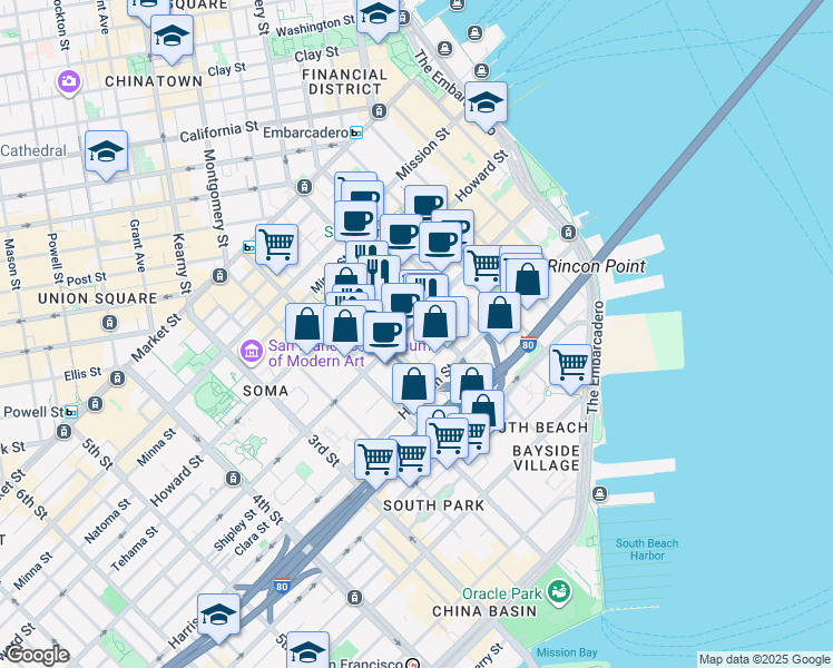 map of restaurants, bars, coffee shops, grocery stores, and more near 346 1st Street in San Francisco