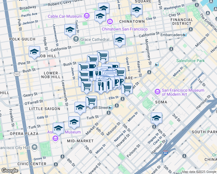map of restaurants, bars, coffee shops, grocery stores, and more near 218 O'Farrell Street in San Francisco