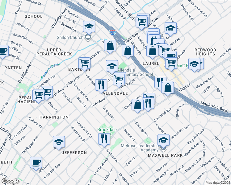 map of restaurants, bars, coffee shops, grocery stores, and more near 2860 38th Avenue in Oakland