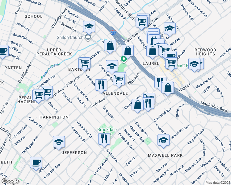 map of restaurants, bars, coffee shops, grocery stores, and more near 2860 38th Avenue in Oakland