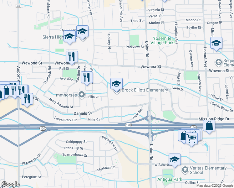 map of restaurants, bars, coffee shops, grocery stores, and more near 1110 Stonum Lane in Manteca