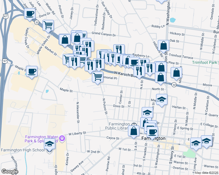map of restaurants, bars, coffee shops, grocery stores, and more near 512 North Street in Farmington