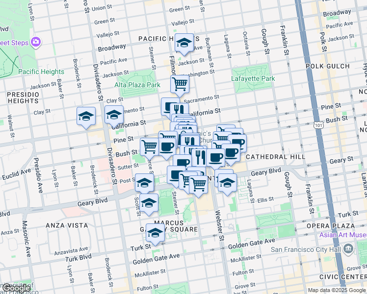 map of restaurants, bars, coffee shops, grocery stores, and more near 1899 Fillmore Street in San Francisco