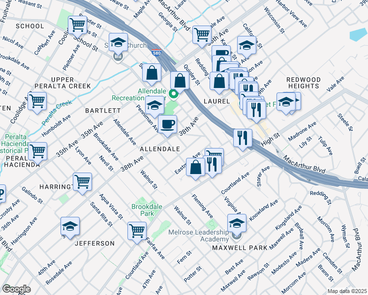 map of restaurants, bars, coffee shops, grocery stores, and more near 3020 Minna Avenue in Oakland