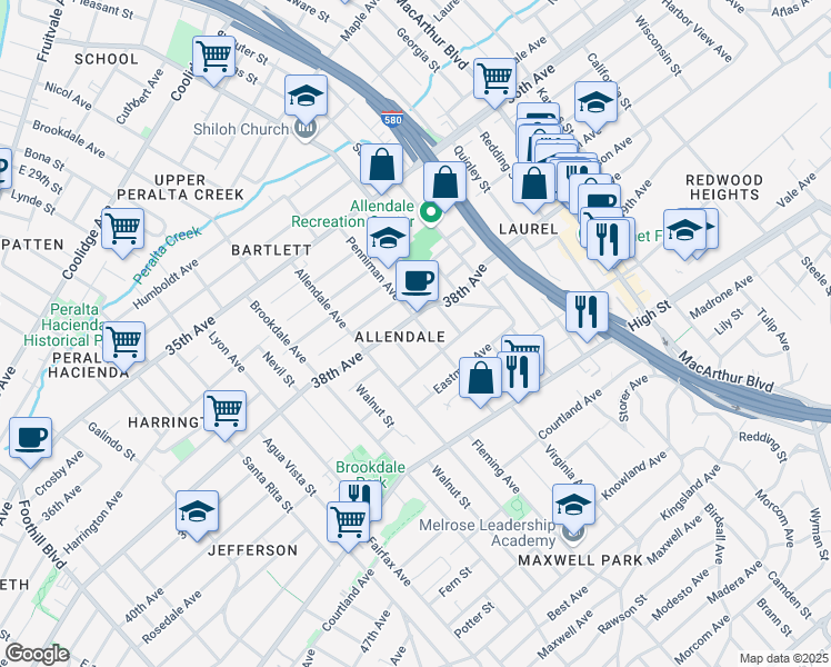 map of restaurants, bars, coffee shops, grocery stores, and more near 3915 Penniman Avenue in Oakland