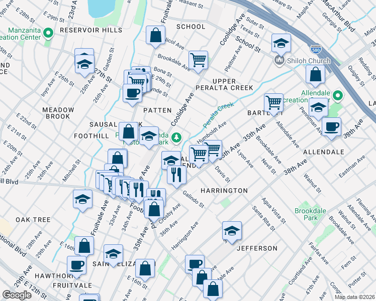 map of restaurants, bars, coffee shops, grocery stores, and more near 3456 Paxton Avenue in Oakland