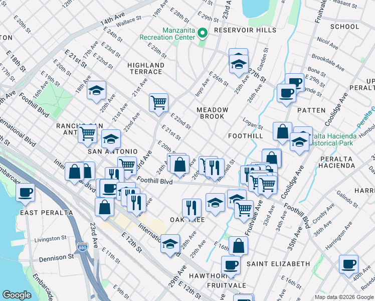 map of restaurants, bars, coffee shops, grocery stores, and more near 2445 East 21st Street in Oakland