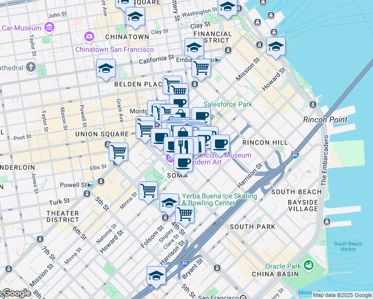 map of restaurants, bars, coffee shops, grocery stores, and more near 111-121 New Montgomery Street in San Francisco