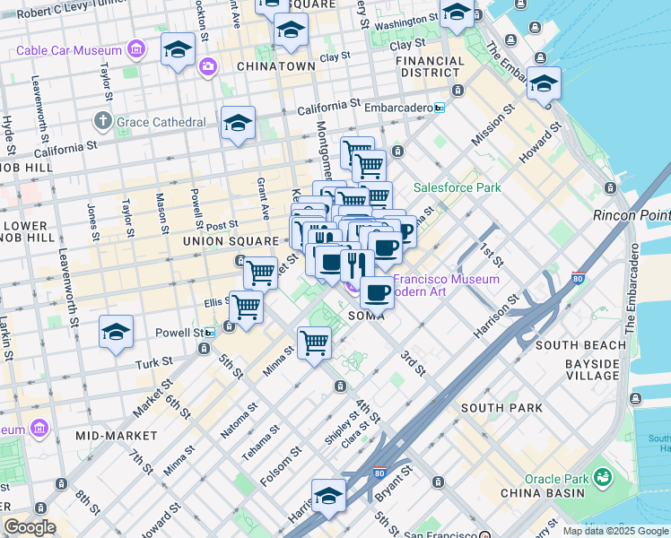 map of restaurants, bars, coffee shops, grocery stores, and more near 130 3rd Street in San Francisco