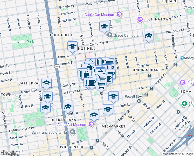 map of restaurants, bars, coffee shops, grocery stores, and more near in San Francisco