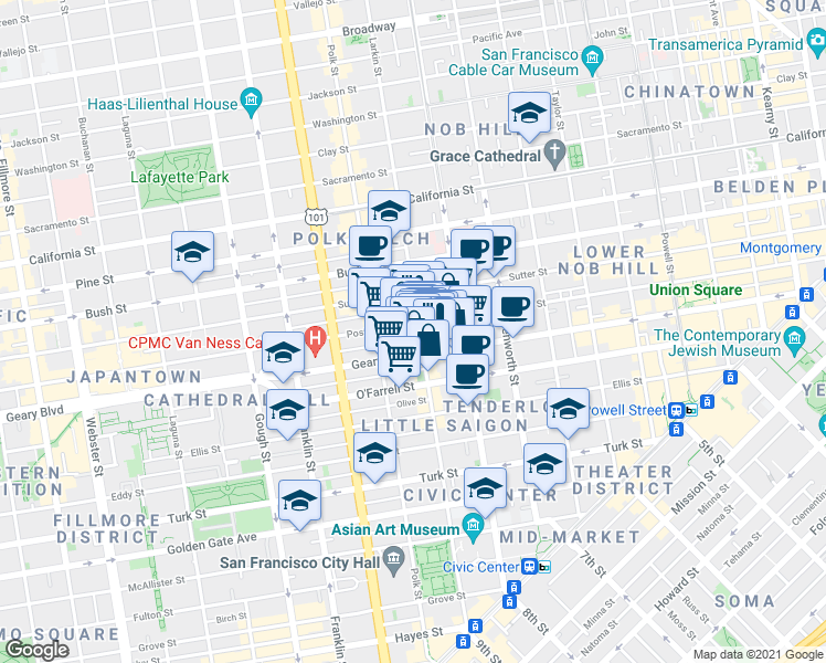 map of restaurants, bars, coffee shops, grocery stores, and more near 920 Larkin Street in San Francisco