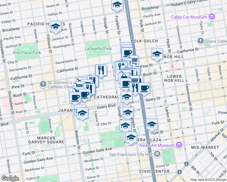 map of restaurants, bars, coffee shops, grocery stores, and more near 1407 Gough Street in San Francisco