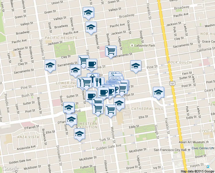 map of restaurants, bars, coffee shops, grocery stores, and more near 1890 Sutter Street in San Francisco