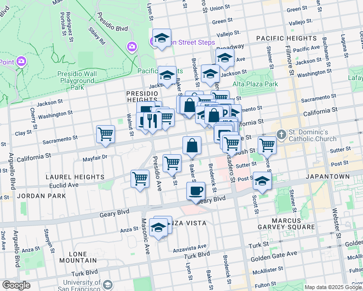 map of restaurants, bars, coffee shops, grocery stores, and more near 1650 Baker Street in San Francisco