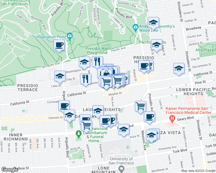 map of restaurants, bars, coffee shops, grocery stores, and more near 3530 California Street in San Francisco