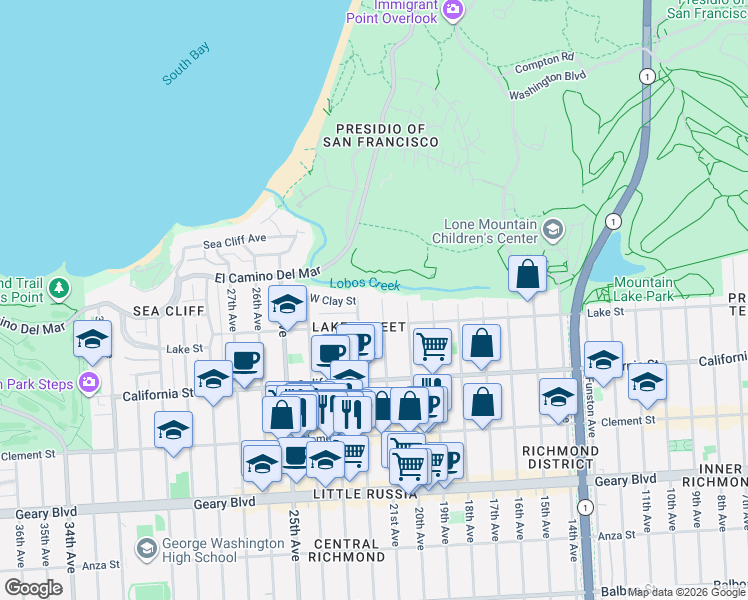 map of restaurants, bars, coffee shops, grocery stores, and more near 41 21st Avenue in San Francisco