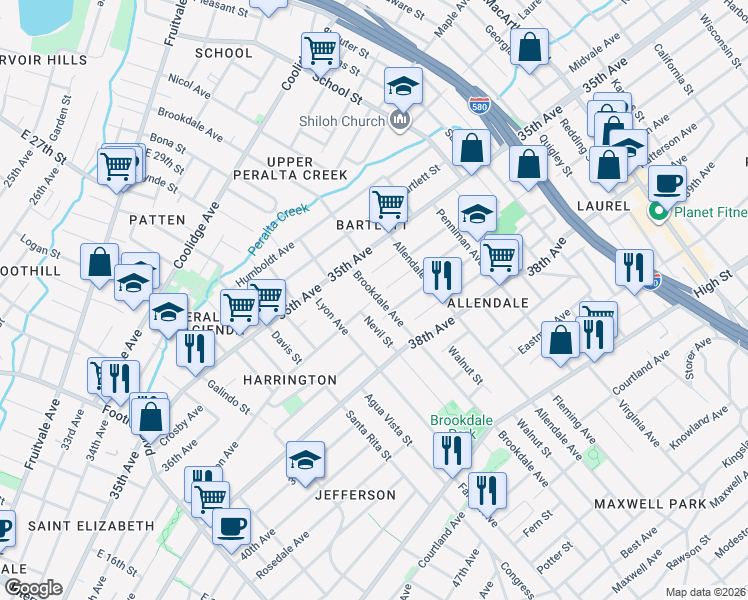 map of restaurants, bars, coffee shops, grocery stores, and more near 3577 Brookdale Avenue in Oakland