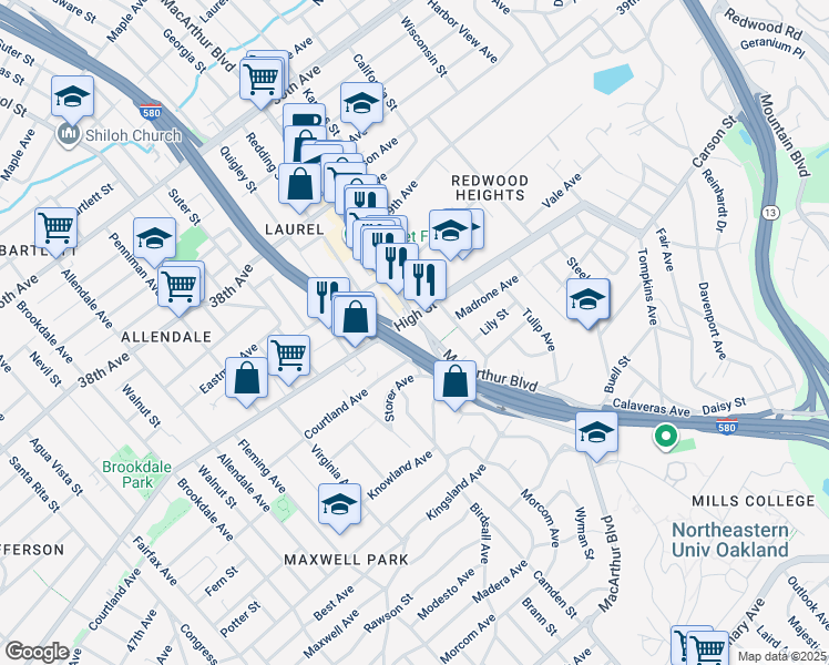 map of restaurants, bars, coffee shops, grocery stores, and more near 4317 MacArthur Boulevard in Oakland