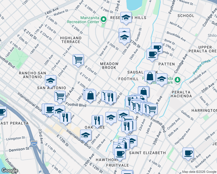 map of restaurants, bars, coffee shops, grocery stores, and more near 2109 26th Avenue in Oakland