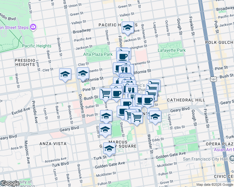 map of restaurants, bars, coffee shops, grocery stores, and more near Bush Street & Steiner Street in San Francisco