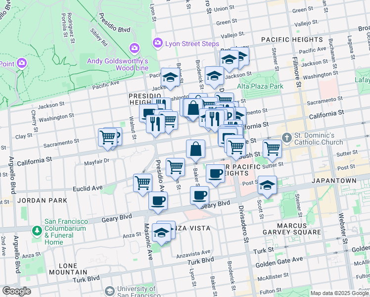 map of restaurants, bars, coffee shops, grocery stores, and more near 1650 Baker Street in San Francisco