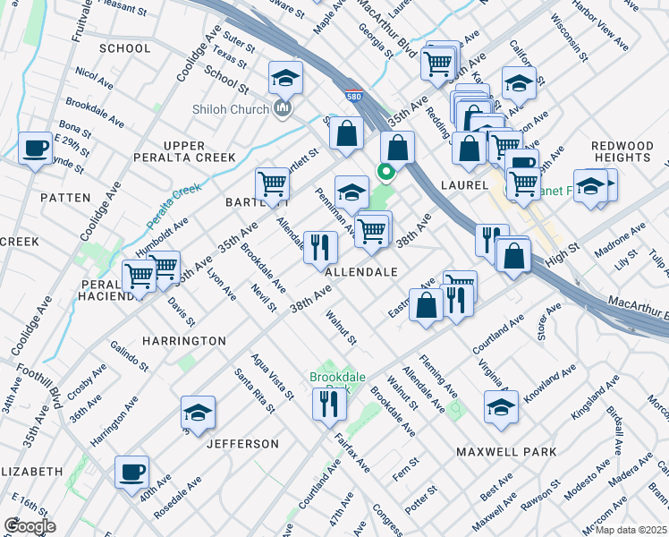 map of restaurants, bars, coffee shops, grocery stores, and more near 2816 Viola Street in Oakland