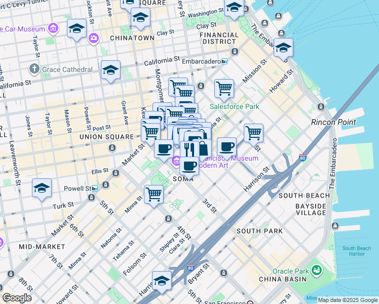 map of restaurants, bars, coffee shops, grocery stores, and more near 111-121 New Montgomery Street in San Francisco