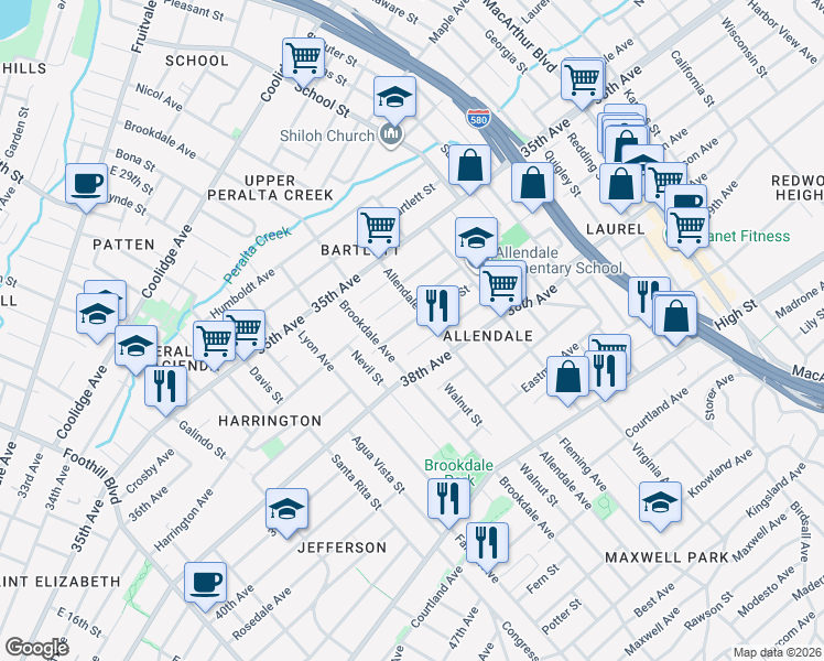 map of restaurants, bars, coffee shops, grocery stores, and more near 2706 Short Street in Oakland