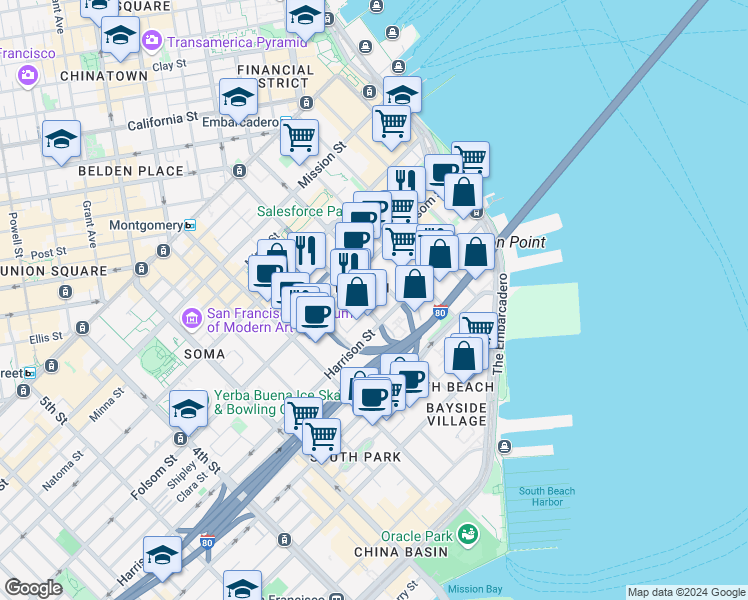 map of restaurants, bars, coffee shops, grocery stores, and more near 403 Harrison Street in San Francisco