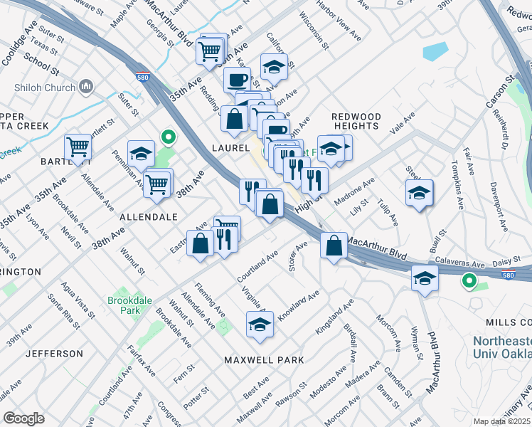 map of restaurants, bars, coffee shops, grocery stores, and more near 4239 Quigley Place in Oakland