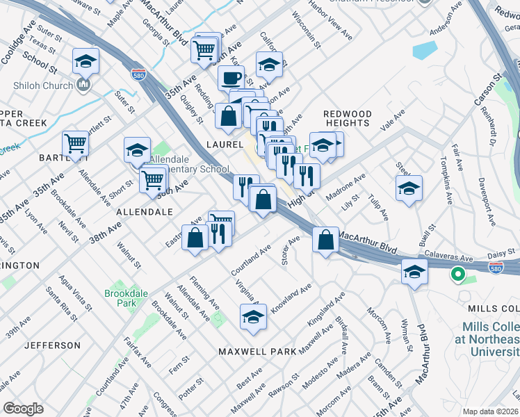 map of restaurants, bars, coffee shops, grocery stores, and more near 3403 High Street in Oakland