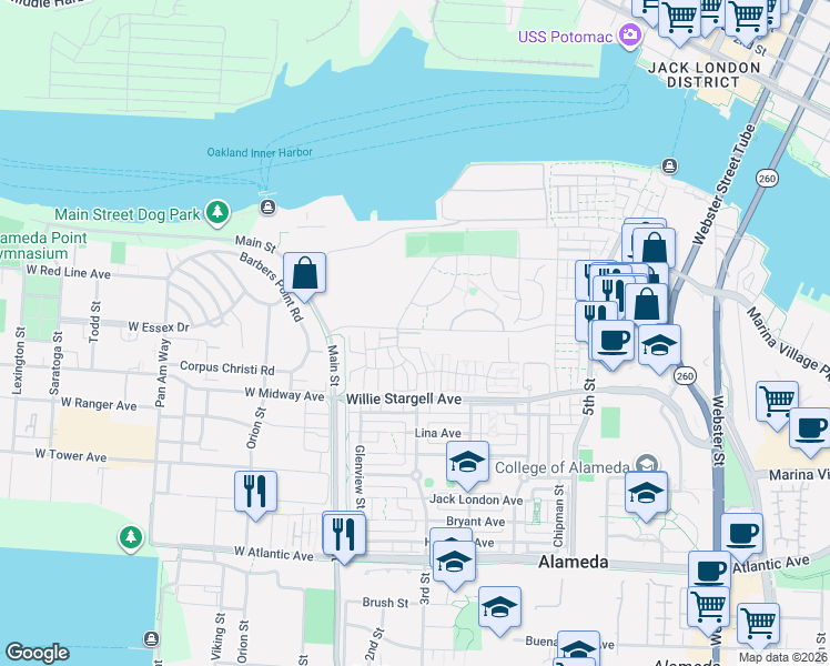 map of restaurants, bars, coffee shops, grocery stores, and more near 3001 Mulvany Circle in Alameda