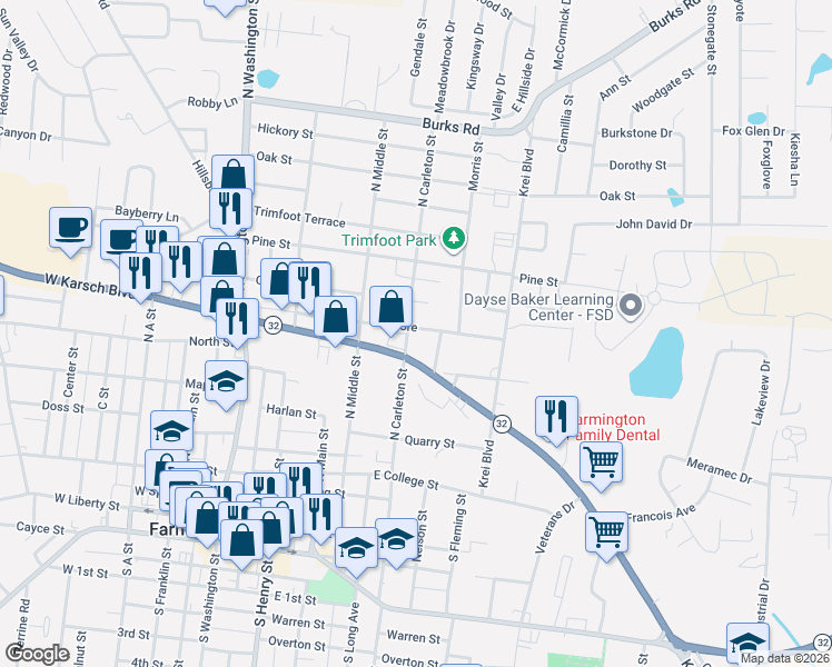 map of restaurants, bars, coffee shops, grocery stores, and more near 455 East Karsch Boulevard in Farmington
